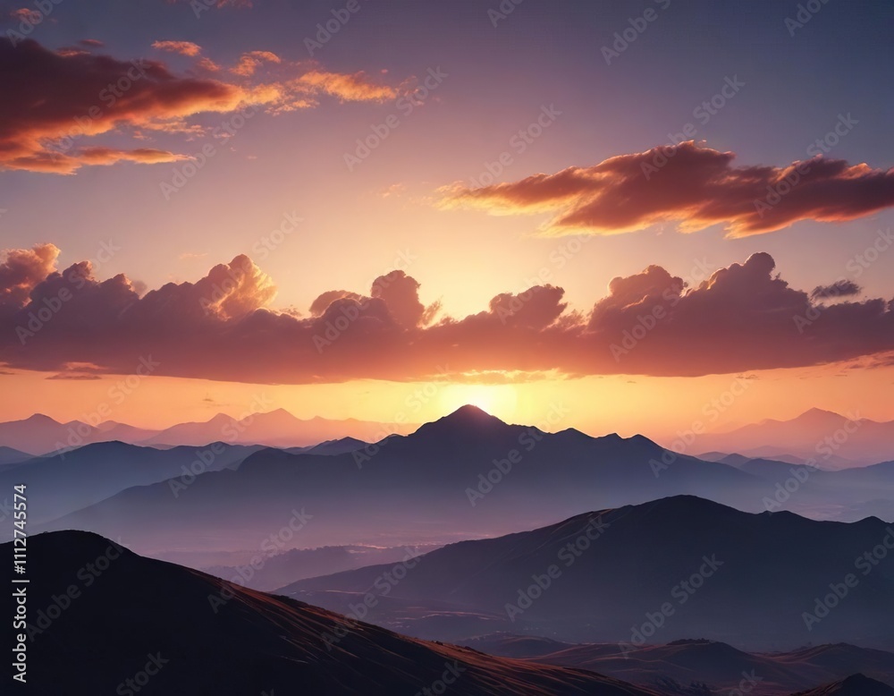 Dramatic sunrise over a vast expanse of blue and orange hue sky with silhouetted mountains, sun rise, wide angle lens, natural scenery