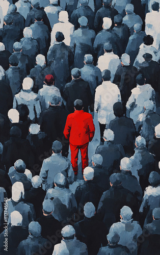 Artistic Depiction of a Crowd in Muted Tones Featuring a Single Individual in Vivid Red, Highlighting Themes of Individuality and Social Identity photo