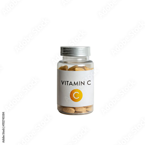 Supplement bottle with Vitamin C label on transparent background.