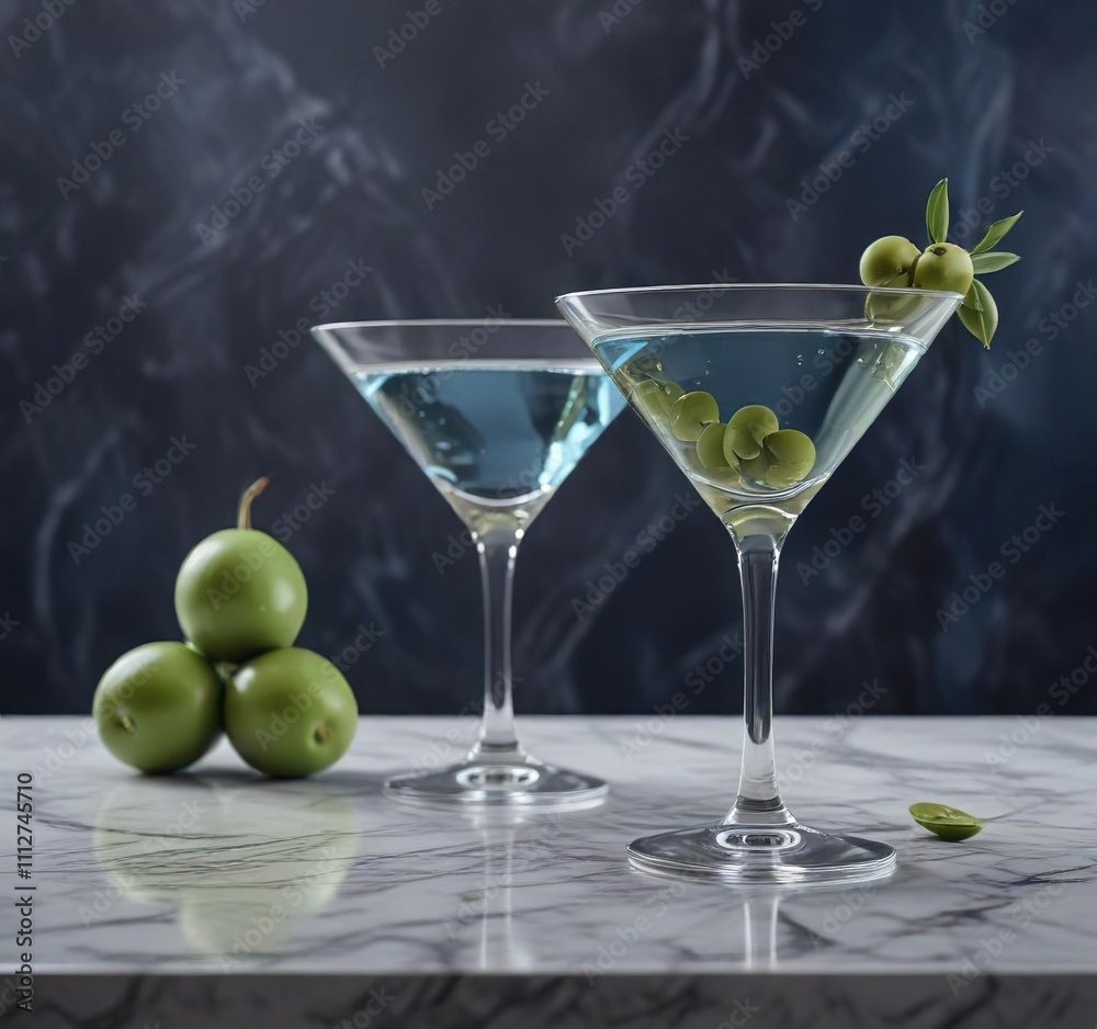 Elegant martini glass filled with a clear liquid and garnished with a green olive on a dark blue background with white marble counter, martini glass, bar, dark blue background Elegant martini glass filled with a clear liquid and garnished with a green olive on a dark blue background with white marble counter, martini glass, bar, dark blue background