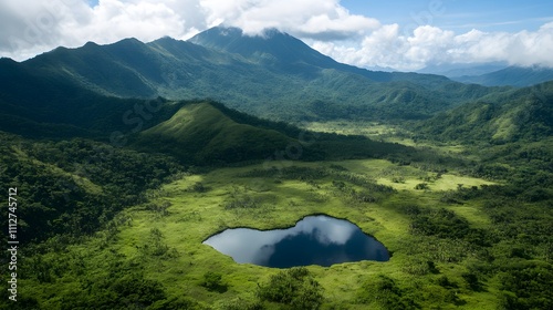 Breathtaking aerial view of a heart-shaped lake surrounded by lush tropical landscape near a mountain during daylight