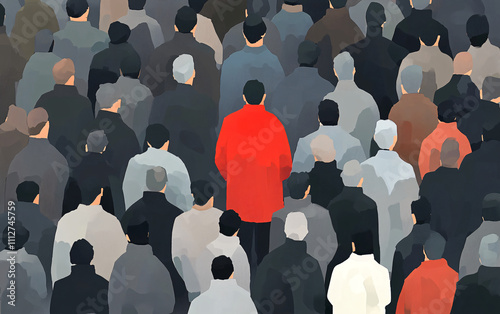 Artistic Depiction of a Crowd in Muted Tones Featuring a Single Individual in Vivid Red, Highlighting Themes of Individuality and Social Identity photo