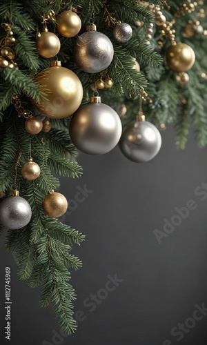 Fir branch with gold and silver Christmas ornaments and garlands, luxury Christmas, ornate decorations, metallic colors