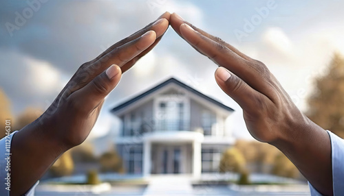Hands forming a protective roof-like shape over a house symbolizing security, safety, and care with a modern architectural design in the background