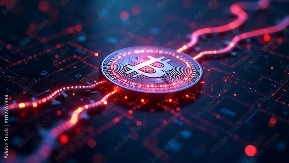 A glowing cryptocurrency coin surrounded by blockchain chains, representing the security and decentralized nature of digital currencies. A glowing cryptocurrency coin surrounded by blockchain chains, representing the security and decentralized nature of digital currencies.