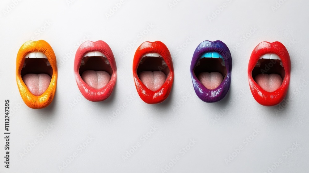 Fototapeta premium Colorful Open Lips with Tongues Displaying a Range of Bright Shades on a Minimalist Background for Artistic and Fashion Concepts