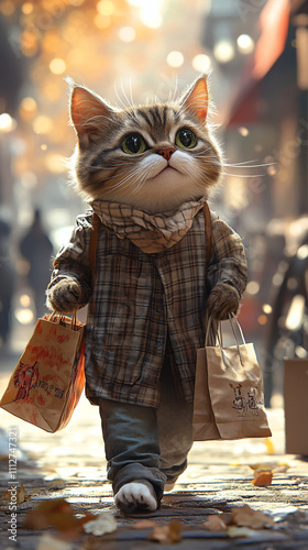 Whimsical Illustration of Anthropomorphic Cats in Stylish Clothes Walking Through a Vibrant Urban Street, Highlighting Playful and Creative Storytelling photo