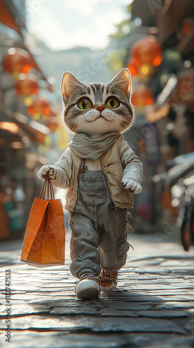 Whimsical Illustration of Anthropomorphic Cats in Stylish Clothes Walking Through a Vibrant Urban Street, Highlighting Playful and Creative Storytelling photo