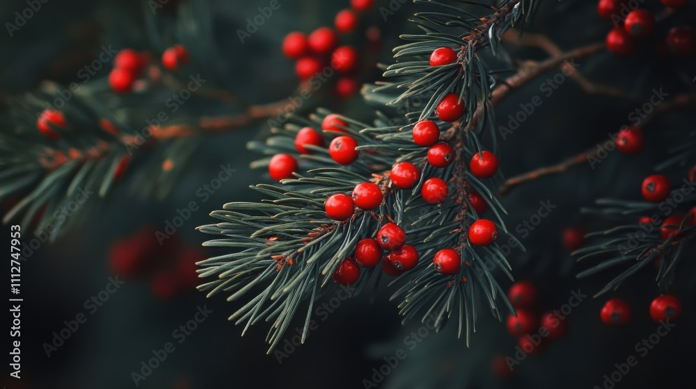 Pine branches with red berries creating a festive accent Pine branches with red berries creating a festive accent