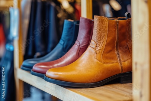 A collection of leather boots in various colors showcased on a wooden shelf, highlighting quality craftsmanship and diverse fashion options for all seasons. photo