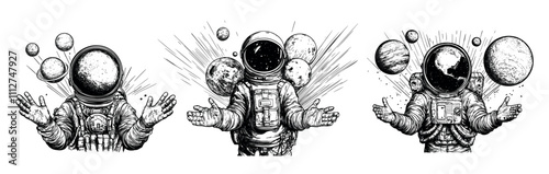 Engraving cosmonaut with planets. Astronaut in solar system astronomical space, galaxy journey adventure concepts, hand drawn black ink sketches isolated vectors on white background
