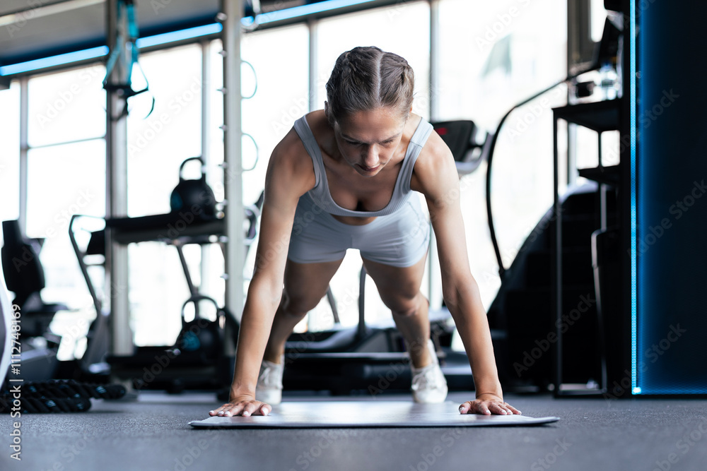 Portrait of a muscular woman on a plank position at gym. Portrait of a muscular woman on a plank position at gym.