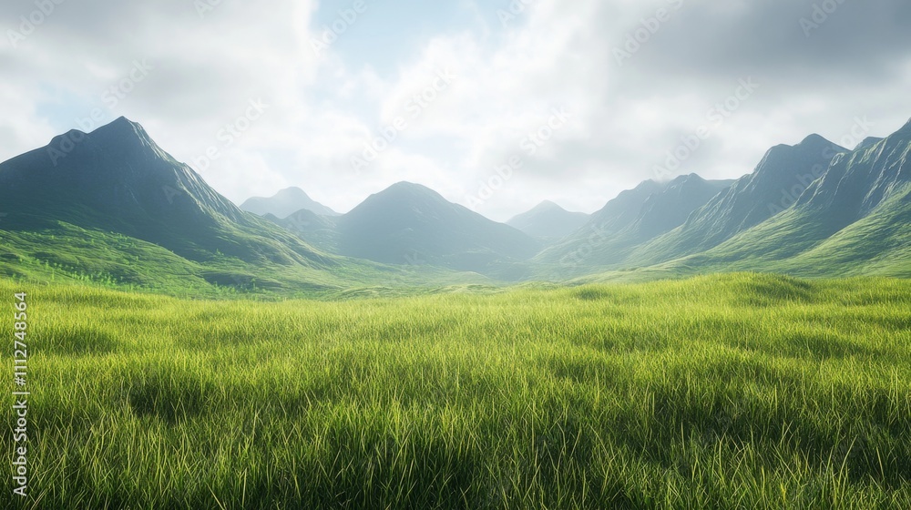 Fototapeta premium Lush Green Meadow Surrounded by Hazy Mountains