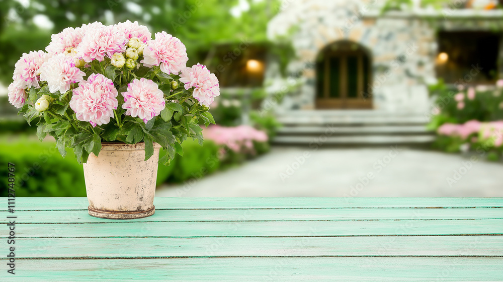 Serene Garden Scene with Pink Hydrangeas in Foreground Serene Garden Scene with Pink Hydrangeas in Foreground