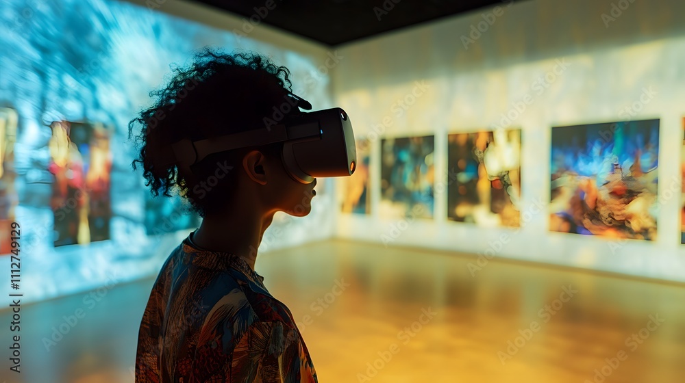 Exploring virtual reality in an art gallery while surrounded by immersive digital exhibits