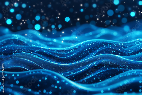Abstract digital waves with glowing dots and flowing blue lines