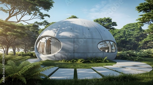 Modern spherical eco-friendly house surrounded by lush greenery and sustainable architecture design photo