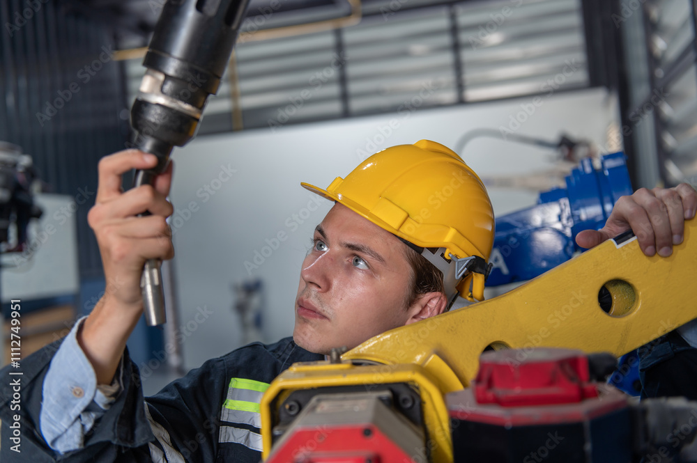 Engineer standing by robotic arm and operating machine in industry factory, technician worker check for repair maintenance electronic operation Engineer standing by robotic arm and operating machine in industry factory, technician worker check for repair maintenance electronic operation