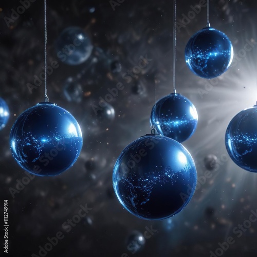 Sparkling blue globes filled with radiant light suspended in space , vibrant, resonant, electric photo