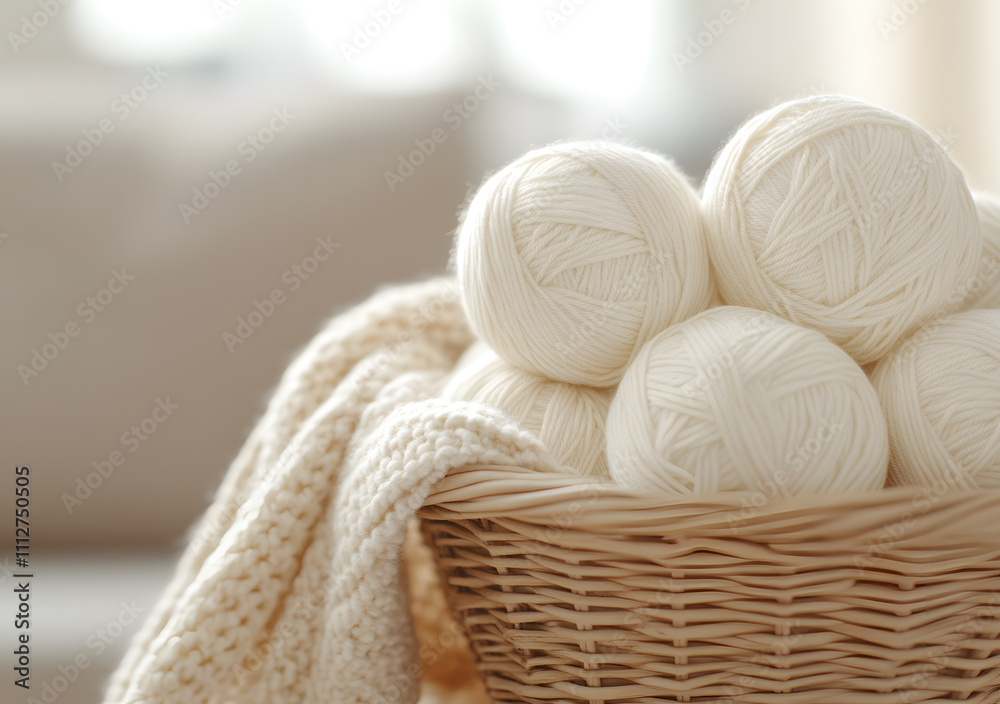 Yarn in an old woven basket, showcasing a collection of colourful threads, evoking a cosy, rustic atmosphere perfect for knitting, crocheting, or crafting projects