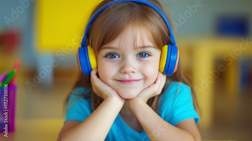 cute girl sitting at table in room with headphones on her head. Concept of home schooling for children, early development and distance education