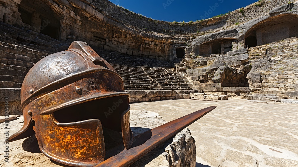 Ancient helmet rests in the historic ruins of a Roman amphitheater under a bright blue sky