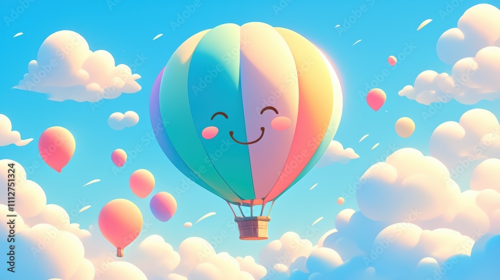 A cheerful hot air balloon floats among pastel clouds in a bright sky. A cheerful hot air balloon floats among pastel clouds in a bright sky.