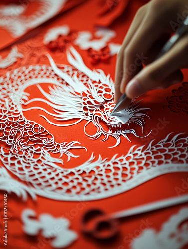 Intricate Handcrafted Paper-Cutting Artwork Featuring Traditional Patterns on Red Paper, Highlighting Cultural Heritage and Artistic Precision photo