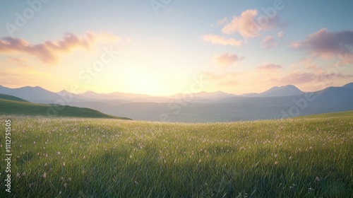 Serene Sunset Over Rolling Green Hills and a Field of Flowers