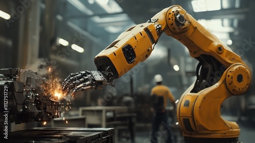 Within an industrial building, a robotic machine and a human collaborate. The mechanical arm is used to fuse metal parts together.