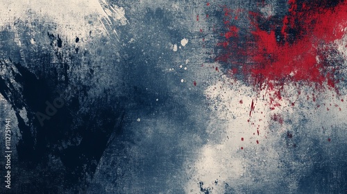 Abstract grunge background with blue, red and white paint splatters.