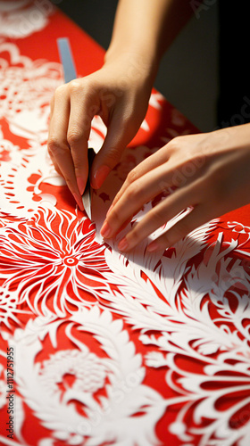 Intricate Handcrafted Paper-Cutting Artwork Featuring Traditional Patterns on Red Paper, Highlighting Cultural Heritage and Artistic Precision photo