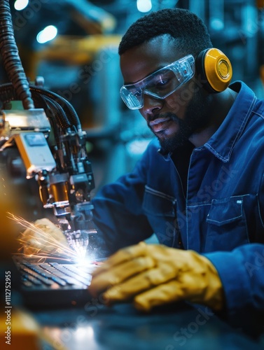 African American male engineer worker using computer notebook control automatic robotic hand machine in factory. Black male technician worker working with control automatic robot arm system welding photo