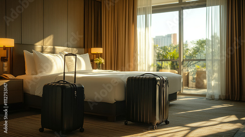 Hotel room with modern decor and luggage ready for check-in in the early morning light. Generative AI