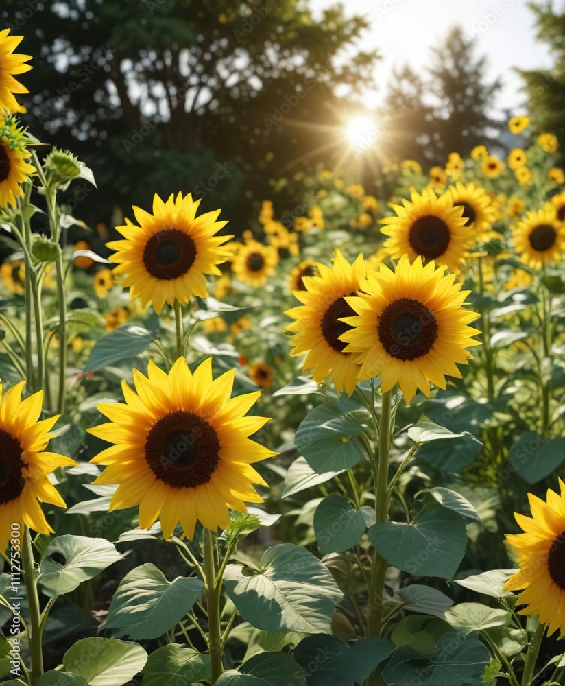 Fototapeta premium A cluster of sunflowers in a garden, their large bright yellow petals shining like a ray of sunshine on a summer afternoon , green, nature, sunflowers