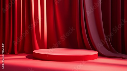 Empty red podium product place features deep red curtains and a circular platform, creating an inviting space for performances, speeches, or events during various occasions photo