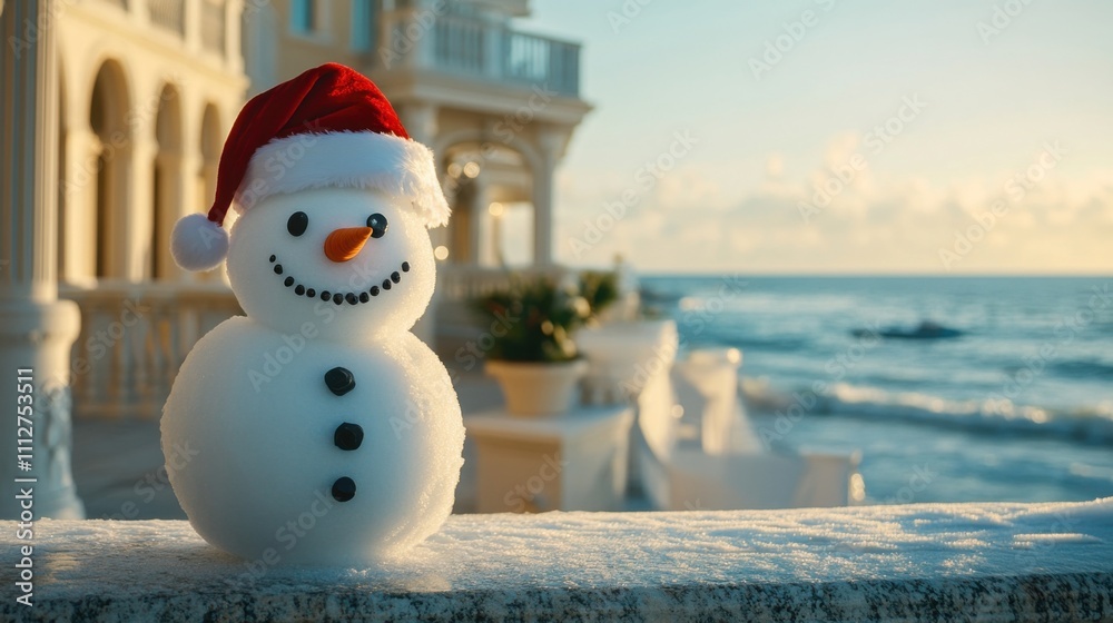 Obraz premium Cheerful snowman with a red Santa hat on the beach