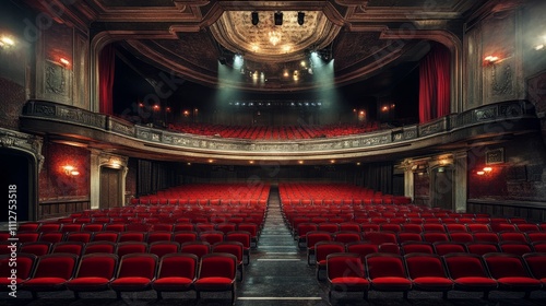 Luxurious theater features rows of red velvet seats facing a grand stage. The ornate ceiling is illuminated by soft lights, creating an inviting atmosphere for performances photo