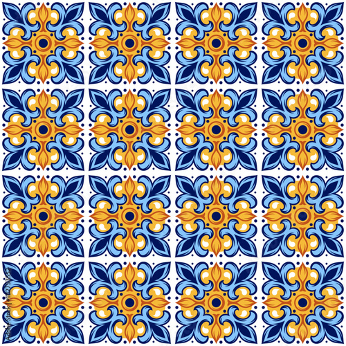 Portuguese ceramic tile pattern. Mediterranean traditional ornament. Italian or spanish majolica.