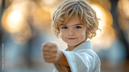 Young martial artist practicing karate outdoors during golden hour with a confident stance and joyful expression. Generative AI photo