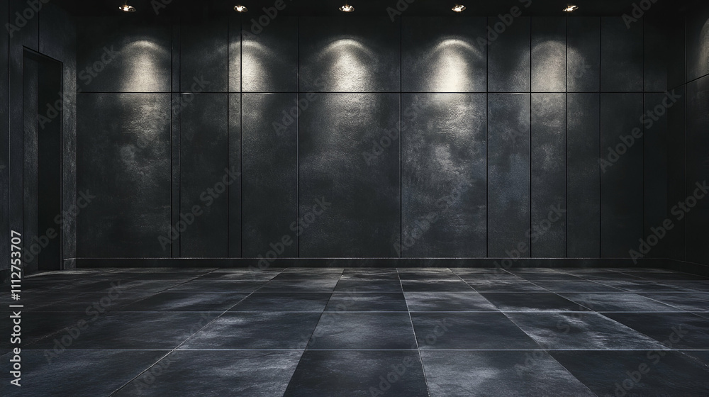 Modern industrial design with dark concrete walls and sleek tiled flooring for a minimalist aesthetic Modern industrial design with dark concrete walls and sleek tiled flooring for a minimalist aesthetic