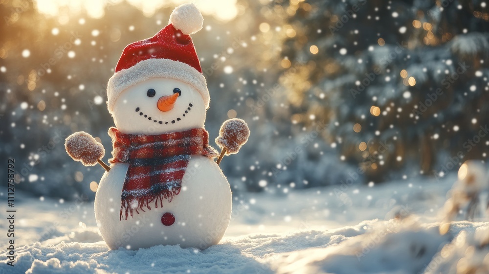 A cheerful snowman wearing a red holiday hat and scarf stands in a snowy landscape as snowflakes gently fall around. The scene radiates winter joy and holiday spirit A cheerful snowman wearing a red holiday hat and scarf stands in a snowy landscape as snowflakes gently fall around. The scene radiates winter joy and holiday spirit