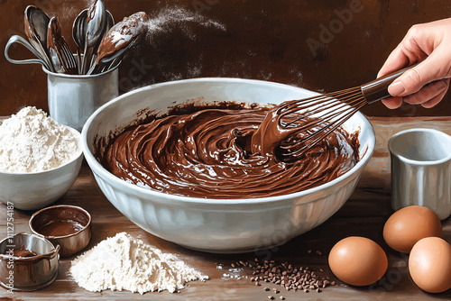 Homemade Chocolate Cake Preparation with Rich Batter, Fresh Ingredients, and Baking Process, Highlighting the Joy of Sweet Culinary Creativity photo