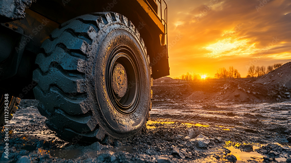 Mud-splattered dump truck tire at a construction site during a golden sunset Mud-splattered dump truck tire at a construction site during a golden sunset