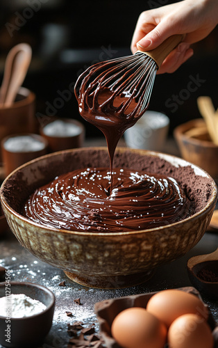 Homemade Chocolate Cake Preparation with Rich Batter, Fresh Ingredients, and Baking Process, Highlighting the Joy of Sweet Culinary Creativity photo