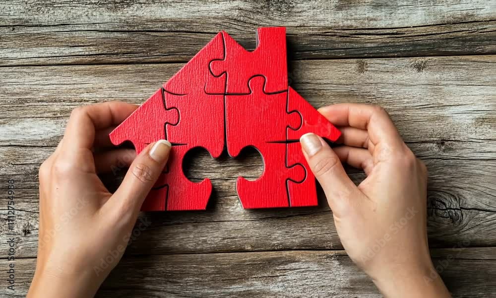 Two hands holding a red puzzle piece shaped like a house on a wooden surface.