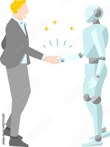  Business person and robot shake hands startup - development team working together - Vector illustration