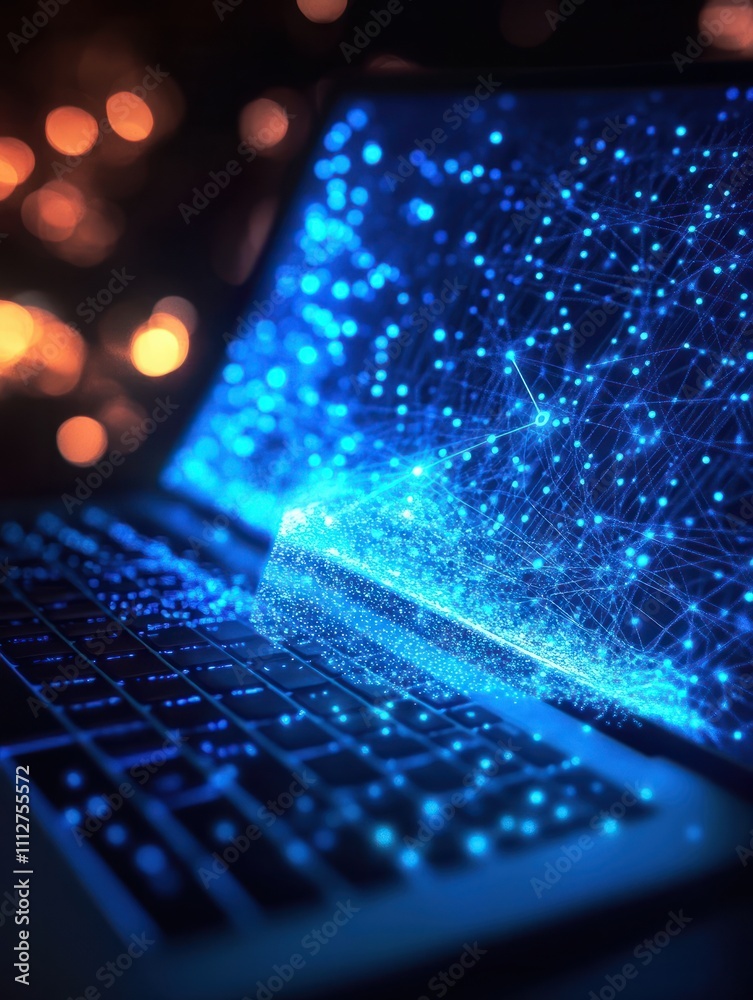 Close up of laptop with creative glowing blue IOT hologram on blurry background. Internet of things concept. Double exposure