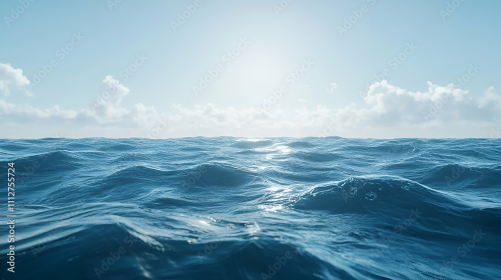 Peaceful ocean with gentle waves and a serene blue horizon under a clear sky Peaceful ocean with gentle waves and a serene blue horizon under a clear sky