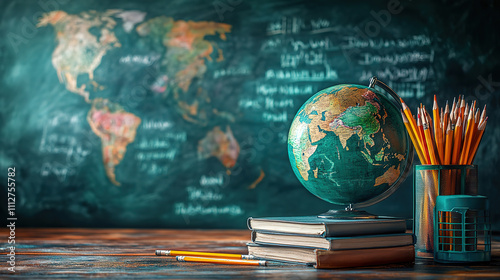 Glass Globe Symbolizing Global Market, Surrounded by Pencils, Books, and 